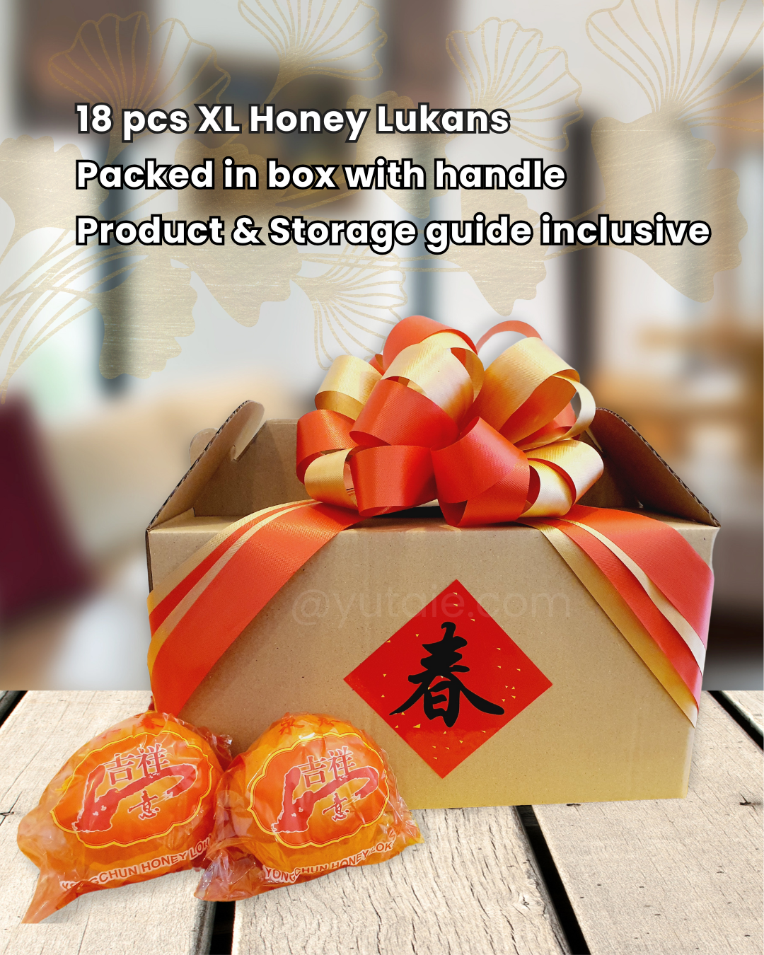 18 pieces honey lukan mandarin oranges packed in a kraft paper box with handle includes ribbon, product and storage guide