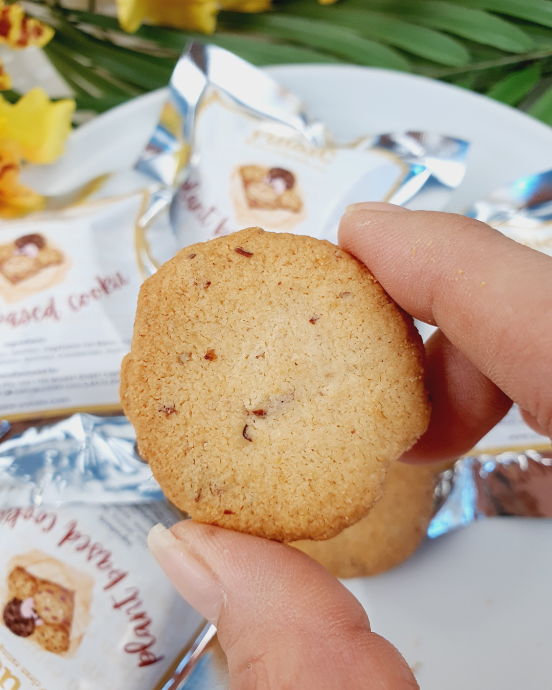 yu taie's plant based cookies, made in singapore, made for vegans, pecans, cranberries and apricots, no added sugar, contains prebiotics